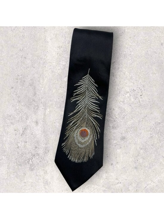 Prada Other - PRADA RARE Silk Tie ITALY XL Black Beige Orange Feather W:3.6" EUC